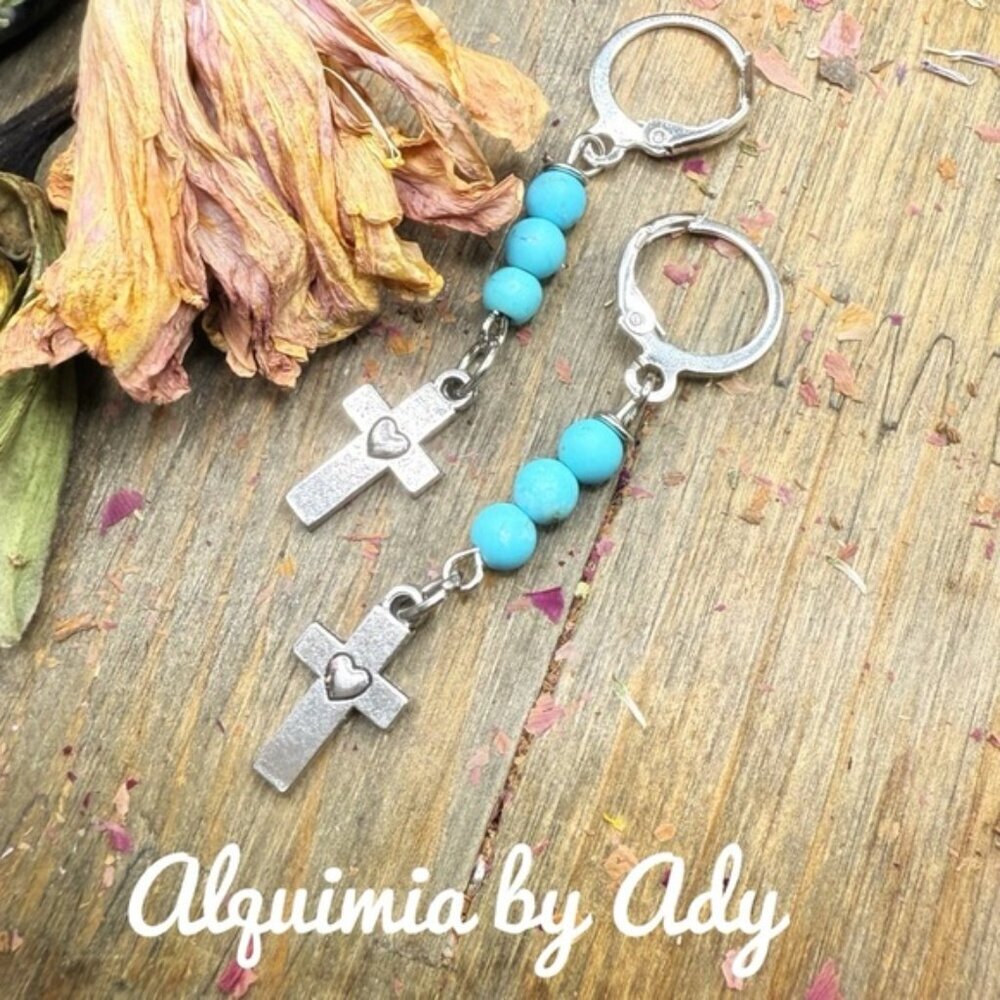 Turquoise and Silver cross Earrings . Inspirational jewelry